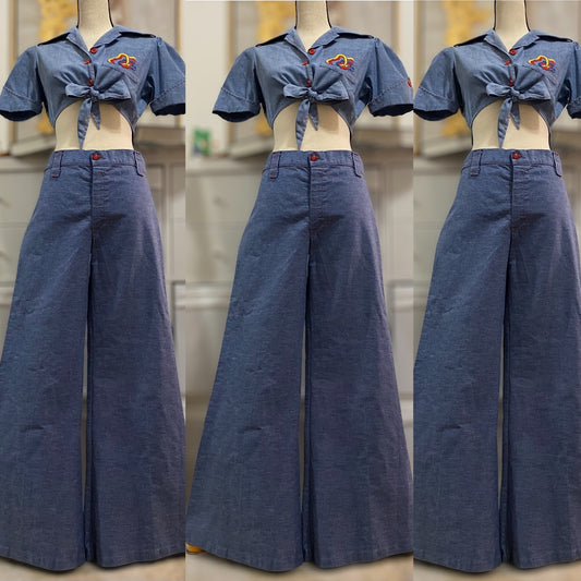 70s Denim Chambray Midrise Bell Bottom Pants (M, 31"W)
