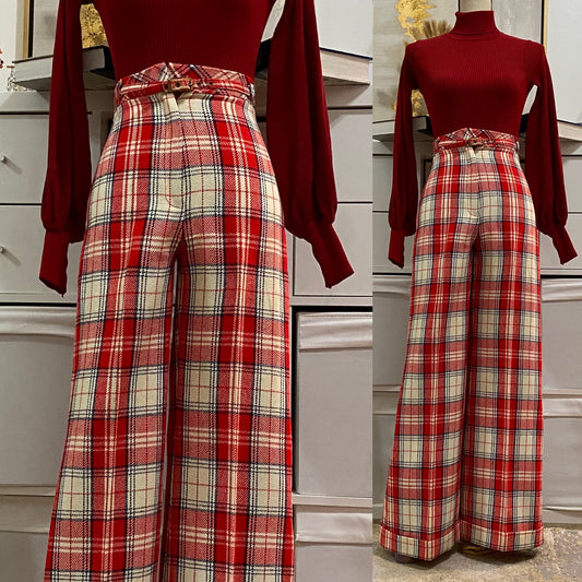 70's Plaid High Rise Bell Bottoms w/ Belt (XS, 24"W)