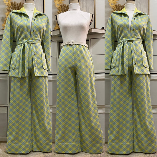 60s-70s 3PC Plaid Leisure/Pantsuit (S-M, 20"-30"W)