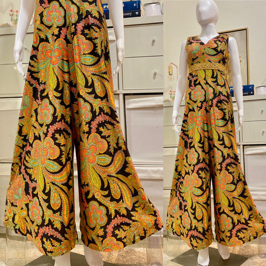 60's - 70's Psychedelic Floral Palazzo Wide Leg Jumpsuit (M)