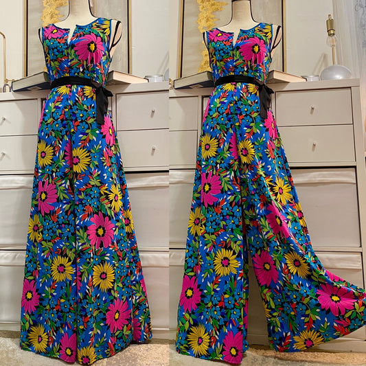 70's Bright Floral Wide Leg Jumpsuit (M-L)