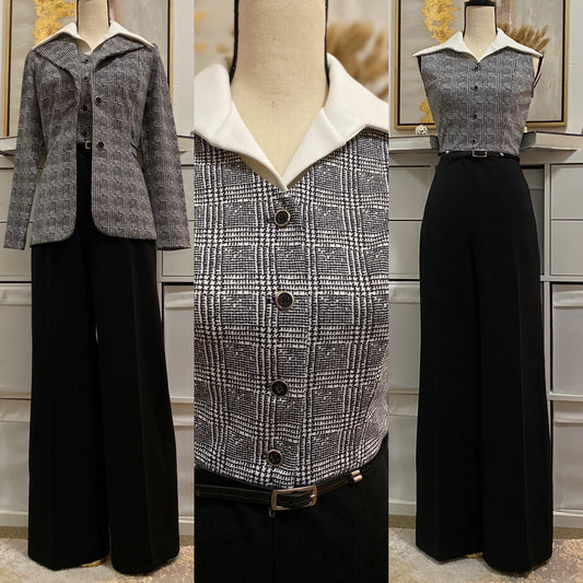 70’s 4- Piece Houndstooth Set - Wide Leg Jumpsuit, Belt, Blazer & Dickie (S-M)