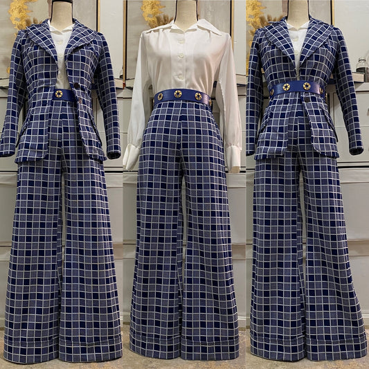 70s 2PC Check/Plaid Fitted, Wide Leg Pantsuit (S, 27"-31"W)