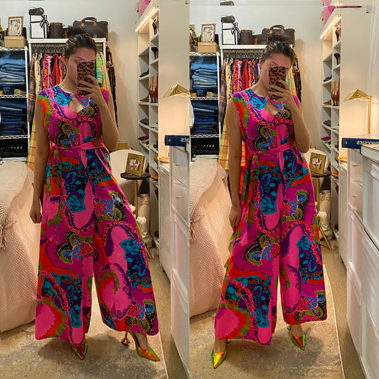 60's Bright Oil Spill Abstract Wide Leg Jumpsuit w/ Waist Belt (L-XL)