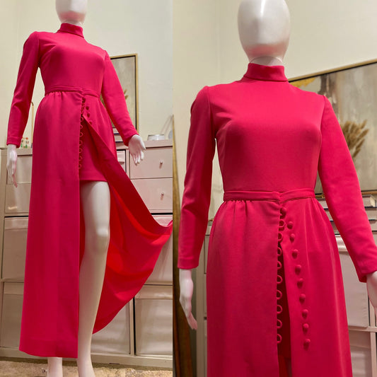 70's Fuchsia Pink 2-Piece Set Romper Jumpsuit w/ Maxi Skirt (S)
