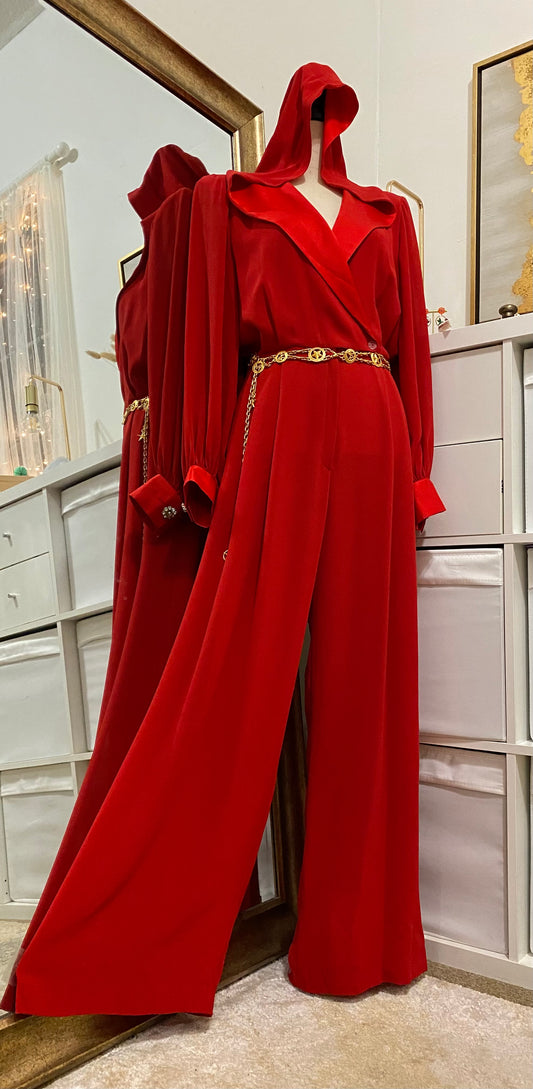 80’s Satin & Chiffon Hooded Bell Bottom Jumpsuit (M-L)