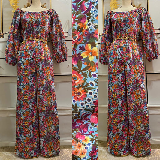 70s Off the Shoulder Wide Leg Floral Jumpsuit (S-L)
