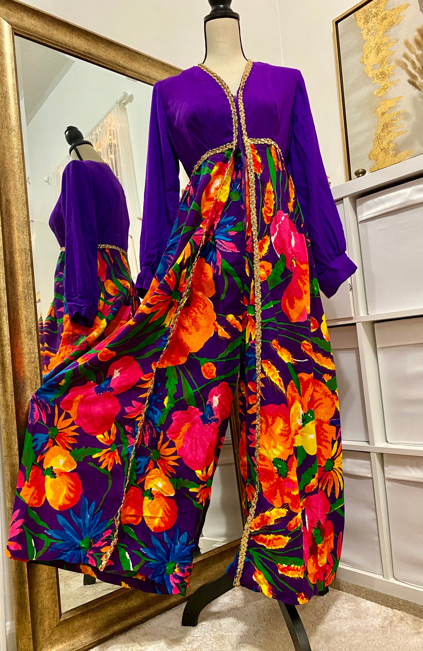 70's Floral Palazzo Jumpsuit with Gold Trim (S)