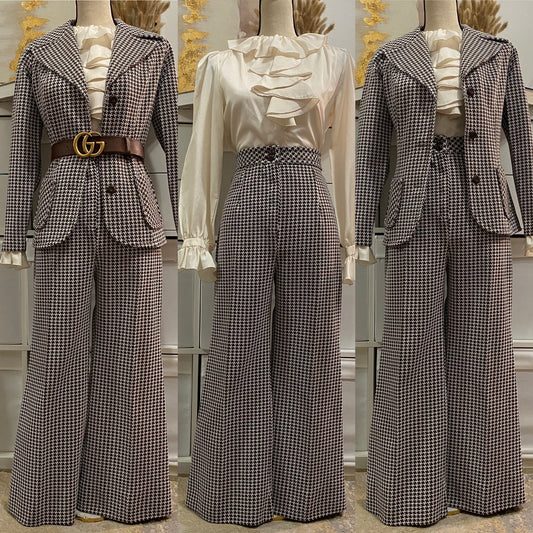 60's-70's Houndstooth 2PC High Rise Bell Bottom Pantsuit Petite (XXS-XS)