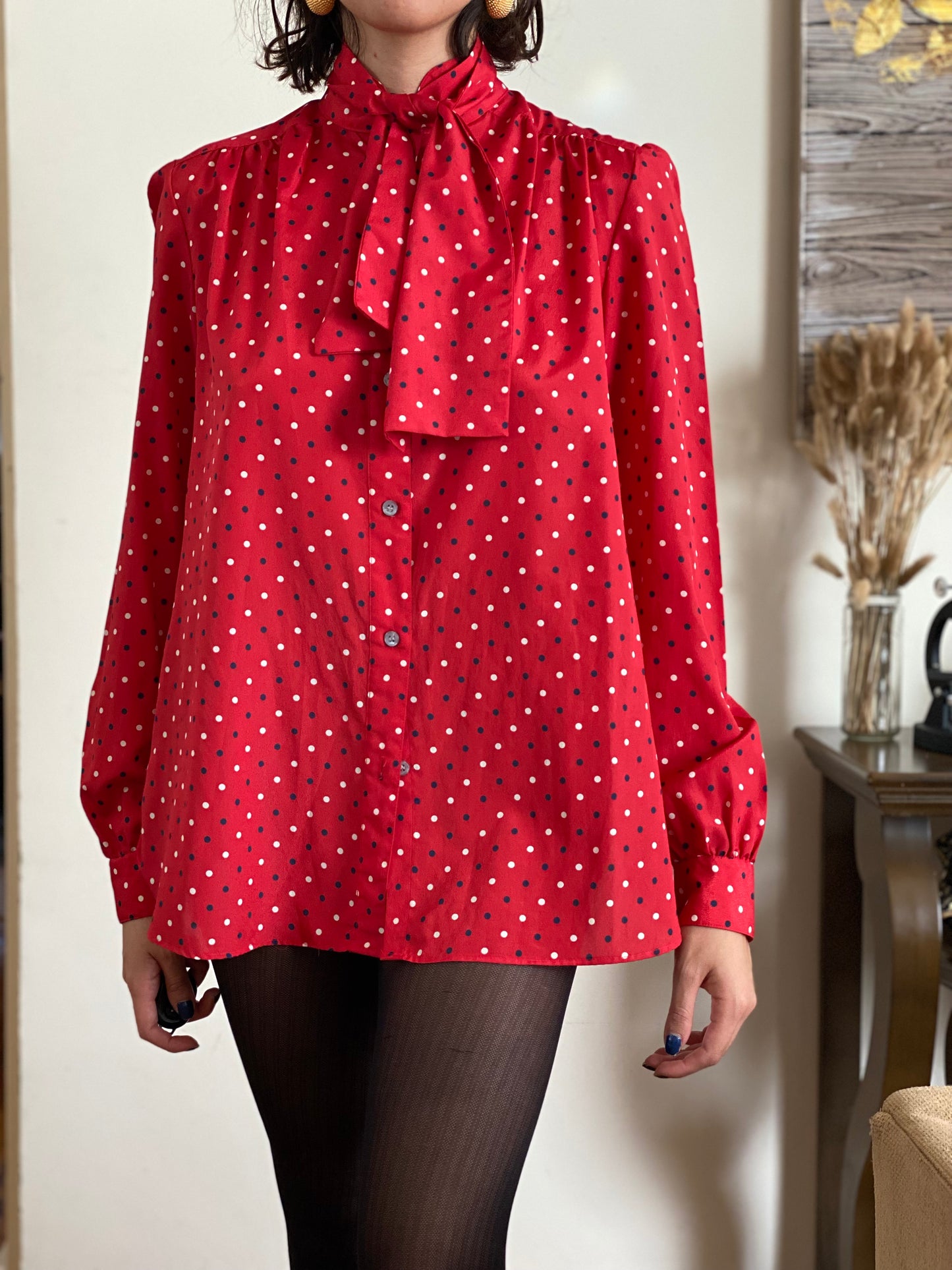 60's Polka Dot with Pussy Bow Long Sleeve Blouse (10)