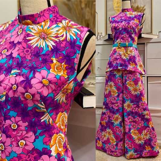 60s 70s Floral 2-Piece Silky Bell Bottom Set - Top & Wide Leg (M-L)