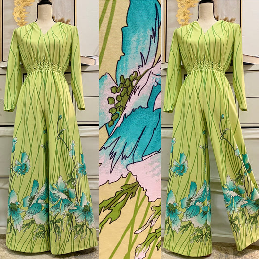 70’s Lime Green Floral Bell Bottom Jumpsuit (S)