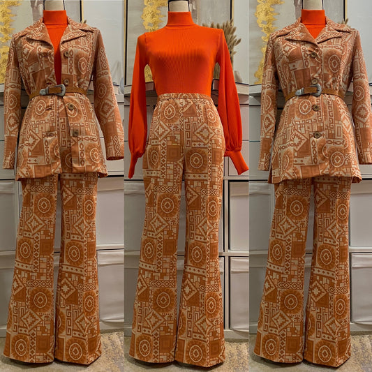 60's-70's Abstract Geometric 2Pc Wide Leg Pantsuit (M-L)
