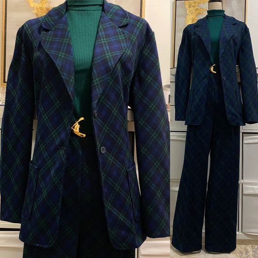 70's Classic & Elegant Tartan Plaid 2PC Pantsuit (L-XL, 34"-38"W)