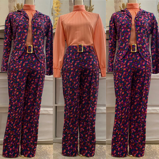 60's 3pc Floral Cigarette Style Pantsuit (XS-S, 26"W)