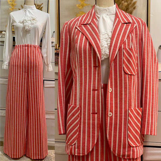 70's Red Stripe Wide Leg Bell Bottom Pantsuit - 2 piece Set (M-L)