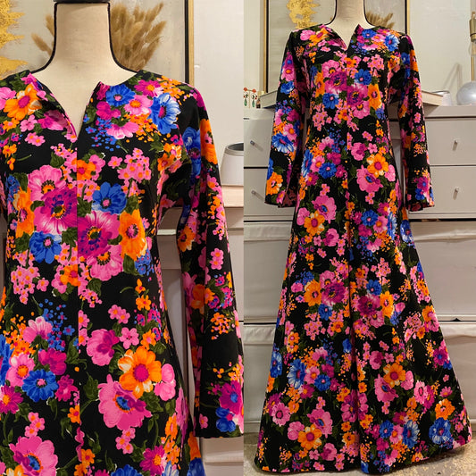 60s 70s Floral Wide Leg Bell Sleeves Jumpsuit (L)