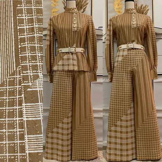 60s 70s 2-piece set with gold and brown accents Huey waltzer bell bottom wide leg flare