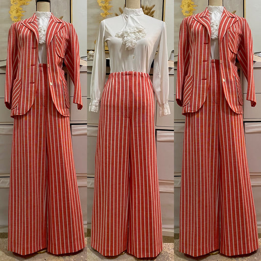 70's Red Stripe Wide Leg Bell Bottom Pantsuit - 2 piece Set (M-L)