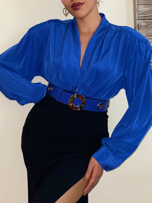 Draped Neckline with cinched waistline long sleeve blouse