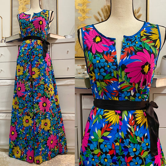 70's Bright Floral Wide Leg Jumpsuit (M-L)