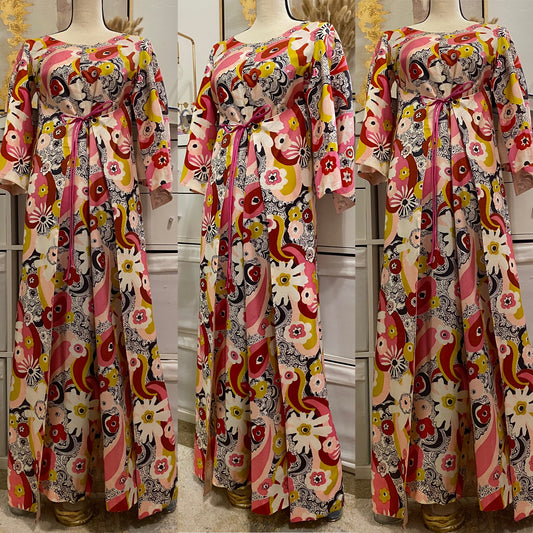 60s-70s Abstract Floral Wide Leg Jumpsuit w/ Cape (S-L)