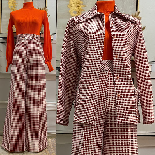 60's 70's Geometric Bell Bottom 2pc Pantsuit (L; 31"-34"W)