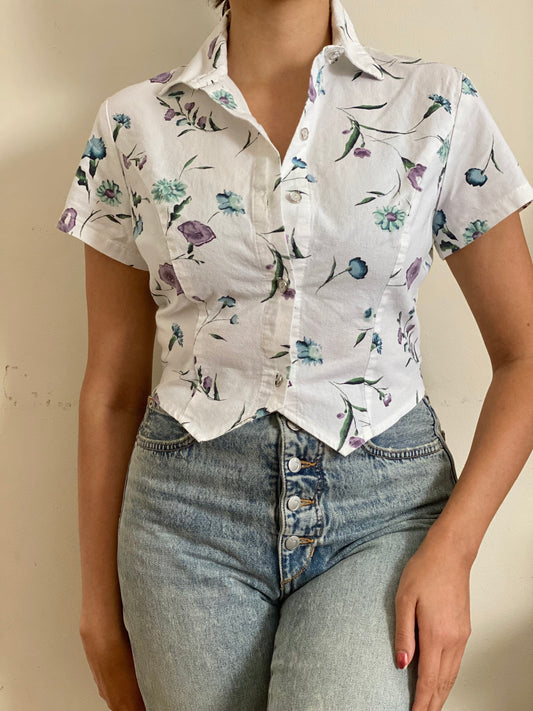 Watercolor Floral Cropped Short Sleeve Top  (S)