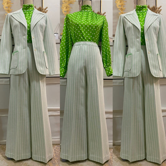 70's Mint Green Striped 2pc Wide Leg Pantsuit (S-M)