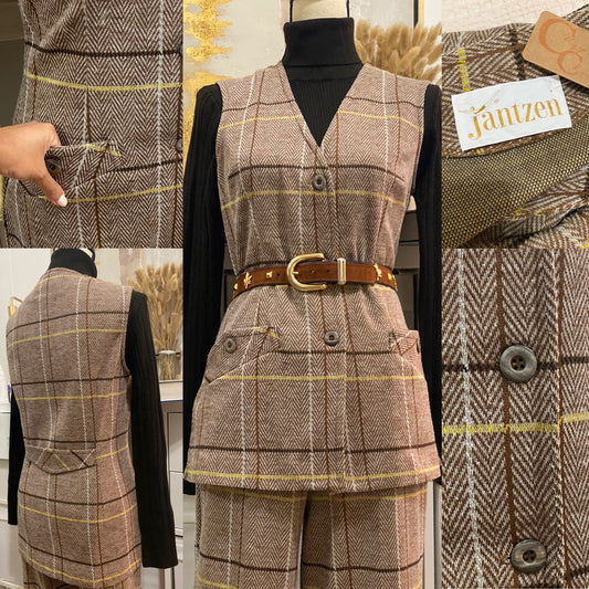 60's-70's Brown Plaid, Sleeveless Vest & Wide Leg Pantsuit (S-M)