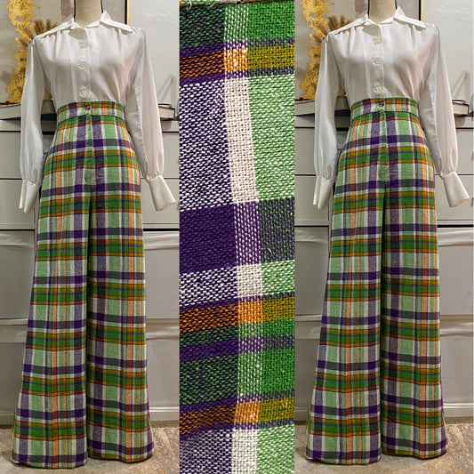 70's High Rise, Wide Leg, Bright Plaid Pants (M-L, 29"W)