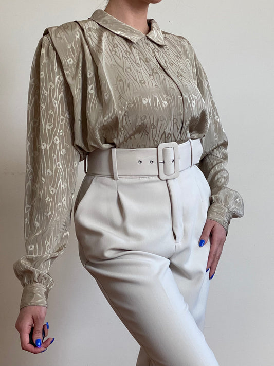 80's Golden Olive Peter Pan Collar Pleated Blouse (M-XL)