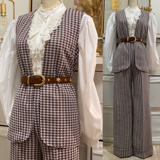 60's-70's Abstract Dot Brown 2pc Vest Pantsuit (S-M)