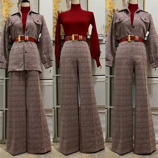 70's 2Pc Plaid, Wide Leg Leisure, Pantsuit (L, 33"-36"W)