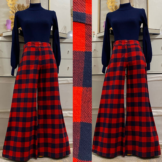 70's Buffalo Plaid Midrise Bell Bottom Cotton Pants (S-M, 31"W)