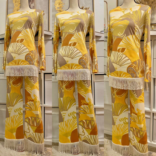 60's 2-Piece Fringe Set - Tunic Top & Straight Leg Bottoms (M-L)