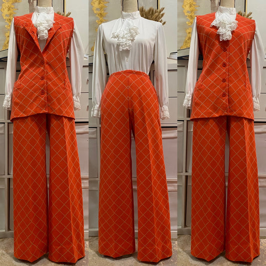 60's-70's Orange Diamond Wide Leg Pantsuit (S-M)