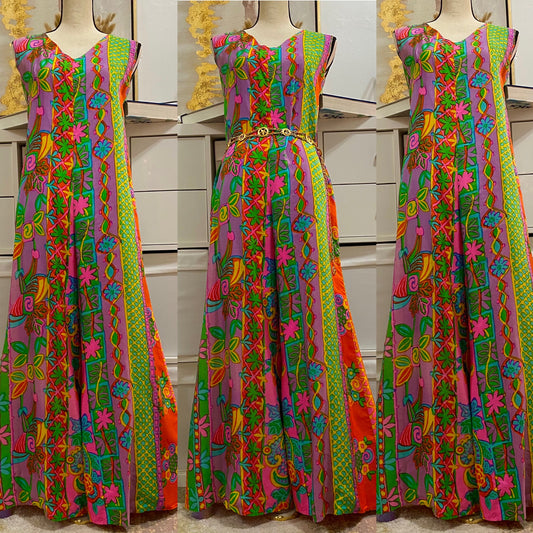 60’s-70’s Rainbow Floral/Geometric Wide Leg Jumpsuit (S)