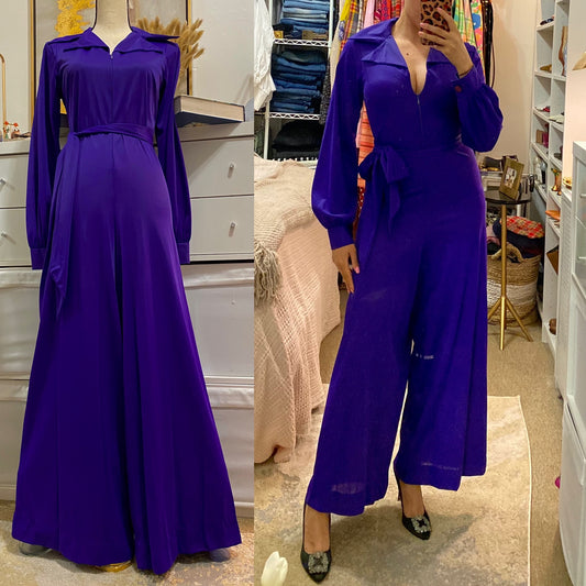70s Purple Disco Wide Leg Bell Bottom Jumpsuit (M)