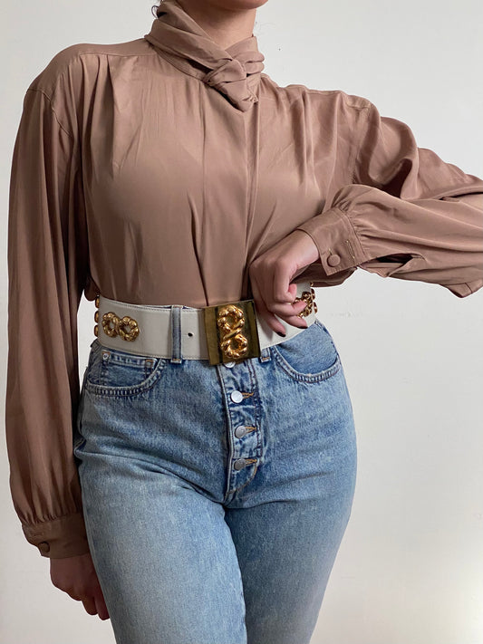 90's Mock Jabot Collar Long Sleeve Blouse (M)