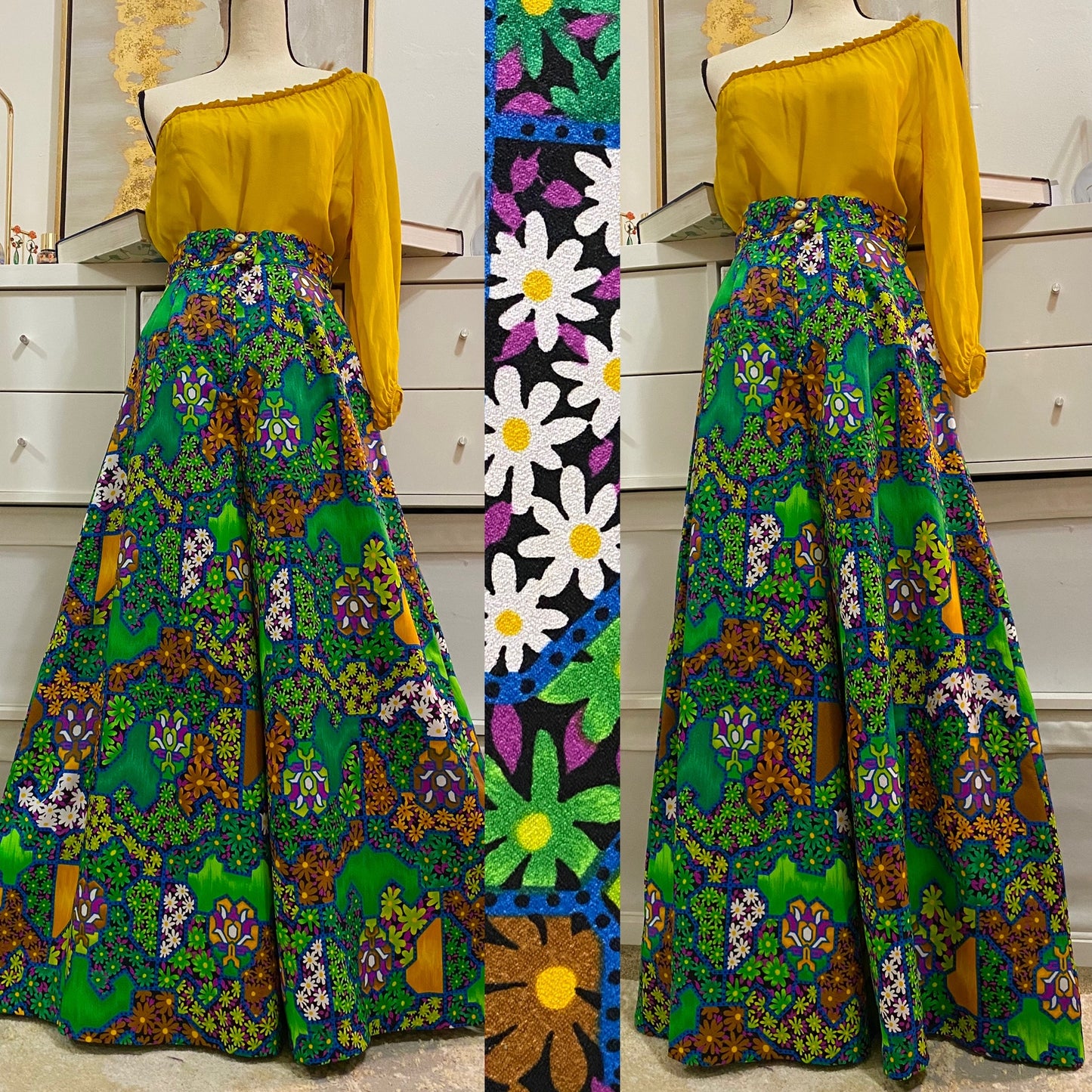 70's High Rise Wide Leg Palazzo Pants Psychedelic Neon Floral (S-M)