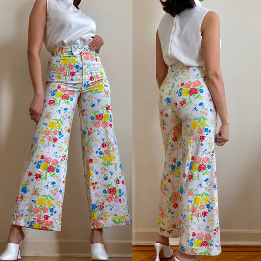 70's Floral High Rise Bell Bottom Pants (XS-S)