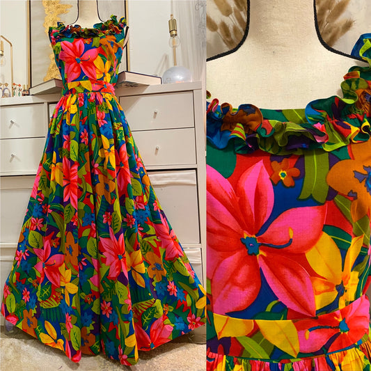 60’s-70’s Multicolor Floral Palazzo Jumpsuit (M)