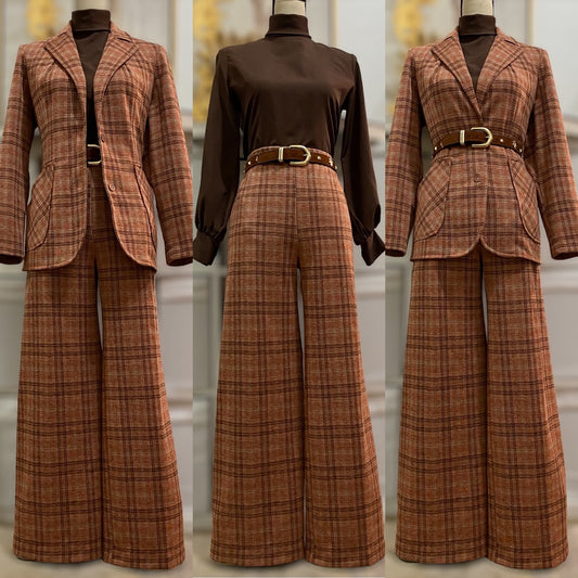 70s Brown Plaid 2PC Wide Leg Pantsuit (M, 30"-32"W)