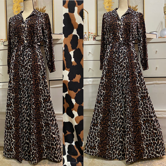70's Leopard Animal Print Wide Leg Long Sleeve Jumpsuit (S-L)