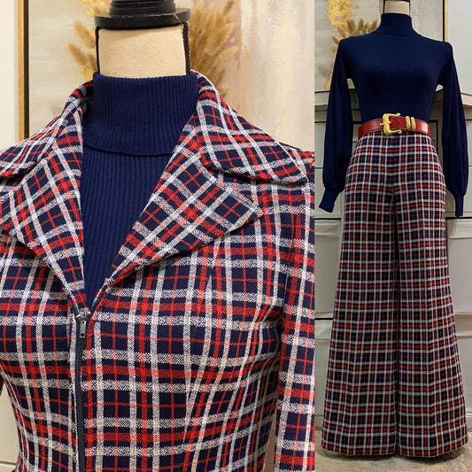 70s 2PC Plaid Wide Leg Pantsuit (M, 30"W)