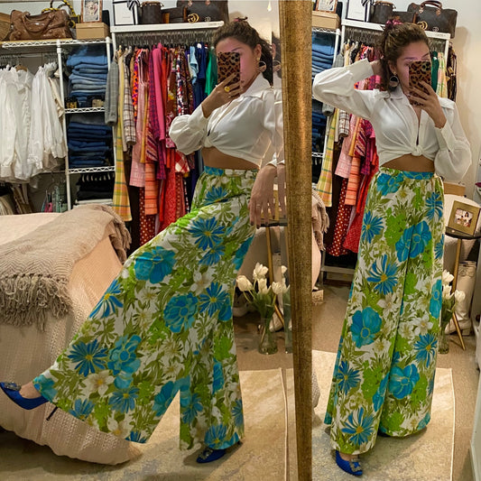 60's-70's Blue-Green Floral Palazzo Bottoms (XS-S)