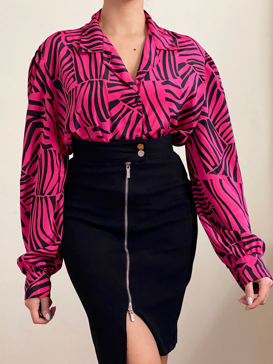 80's Fuchsia Tiger Print Oversized Blouse (XL)