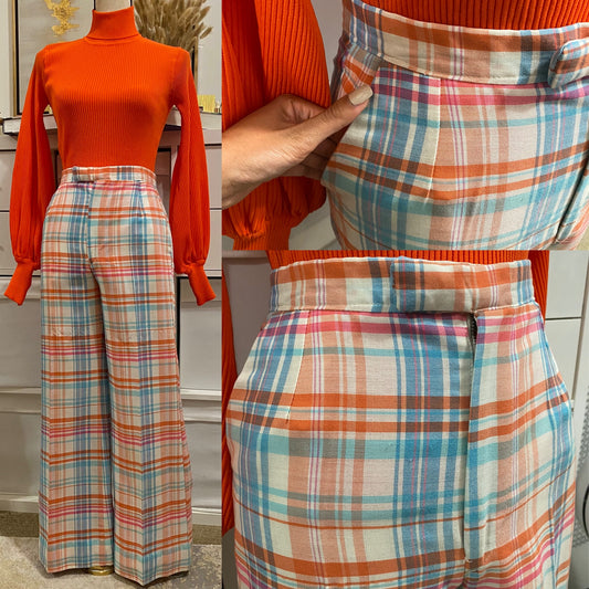 70’s High Rise Wide Leg Blue & Orange Plaid Pants (M-28”W)