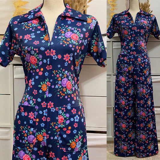 70's Floral, Zipper Front Wide Leg Jumpsuit (M-L)